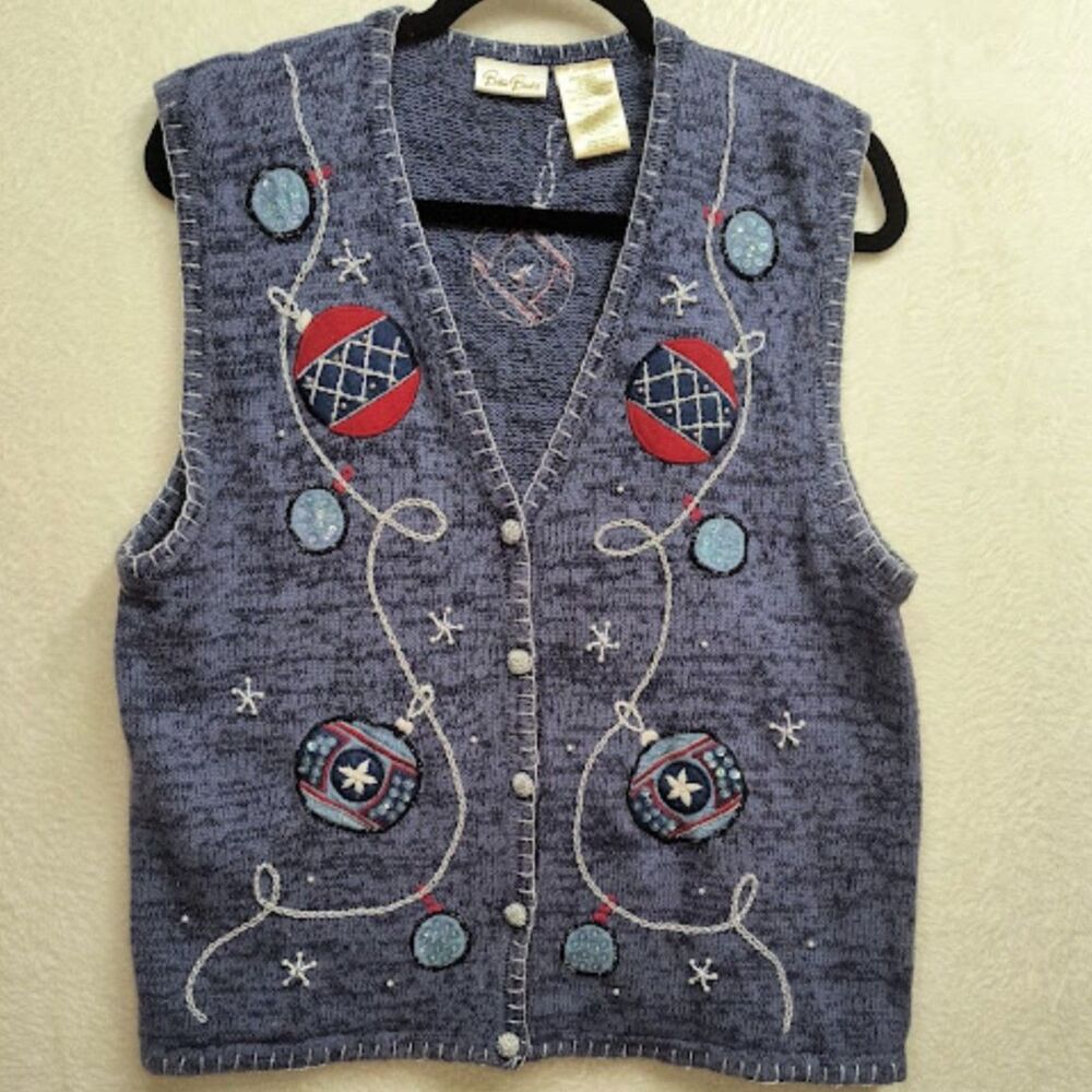 VTG Bobbie Brooks Christmas Ornament Sweater Vest Knit Button Up Blue Sz Large